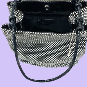 Black & White Woven Leather Handbag Long Strap! Vintage Pons Quintana Spain VTG